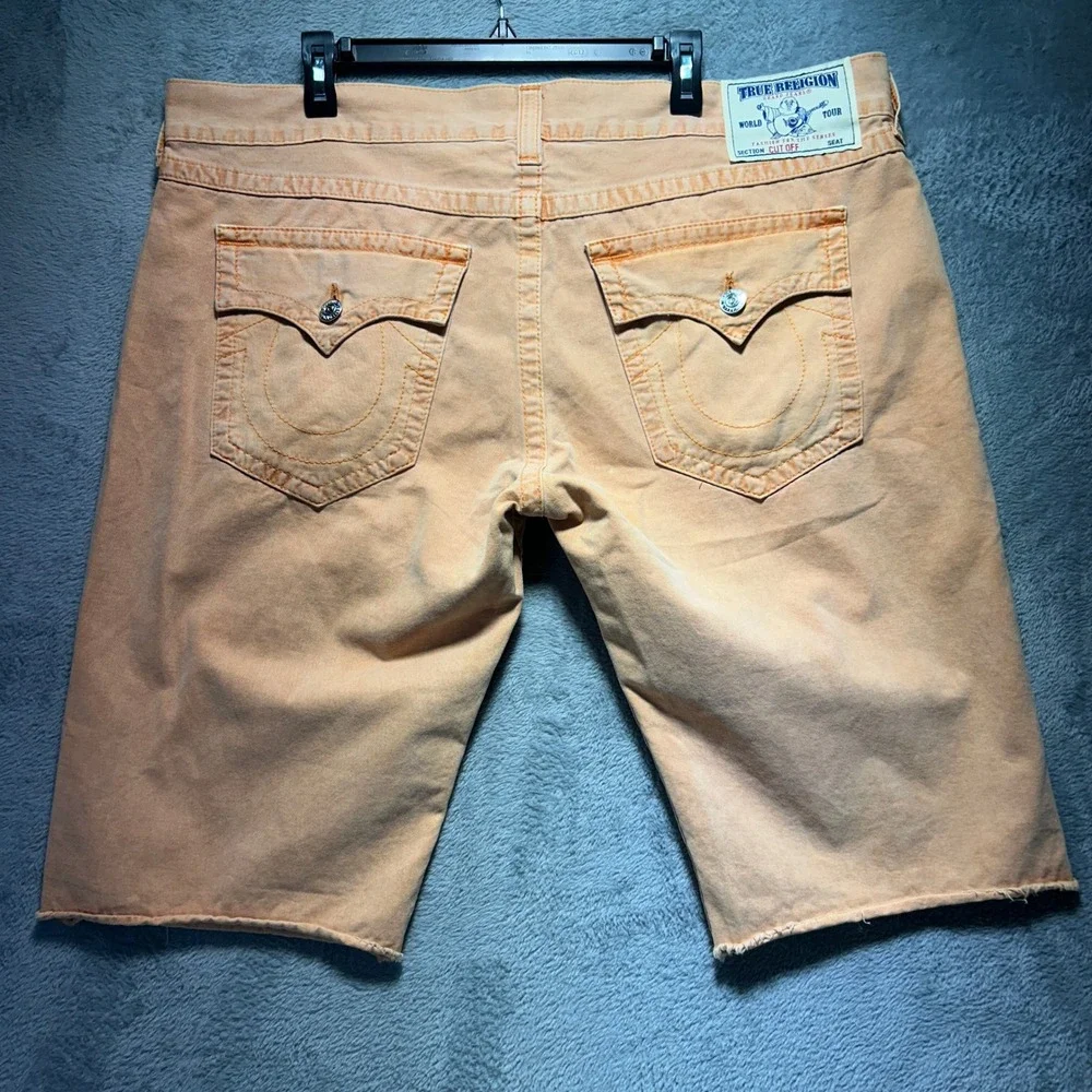 Y2K True Religion Orange Denim Cut Off Shorts Size 42 World Tour Flap Pocket Big